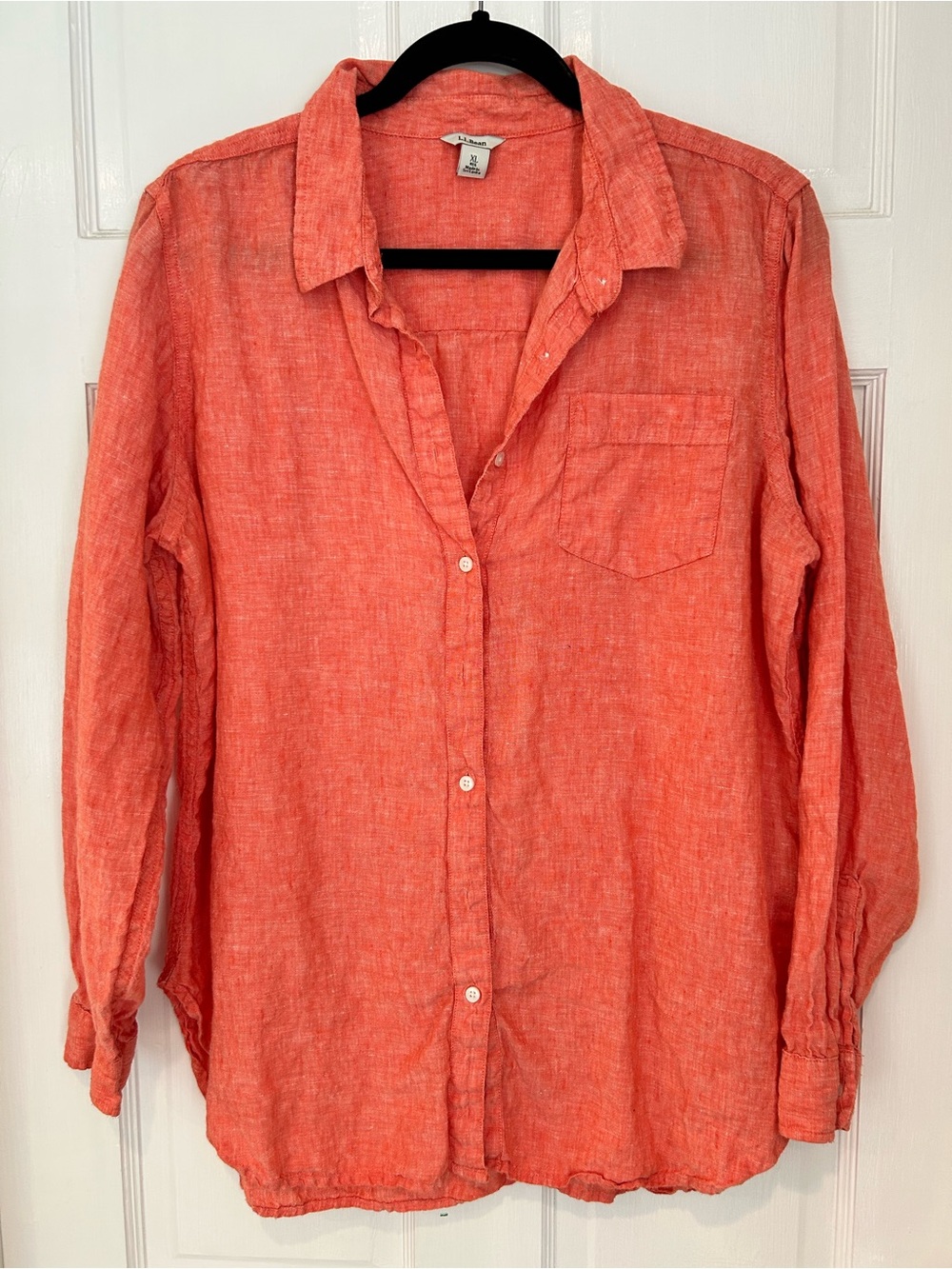 L.L. Bean coral orange 100% linen long button front pocket shirt XL